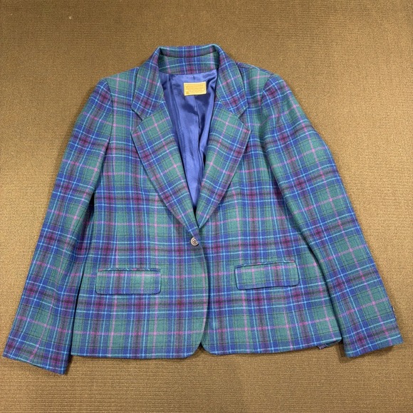Pendleton Jackets & Blazers - Vtg Pendleton Women's Purple Green & Blue 100% Virgin Wool Plaid Blazer Size 16